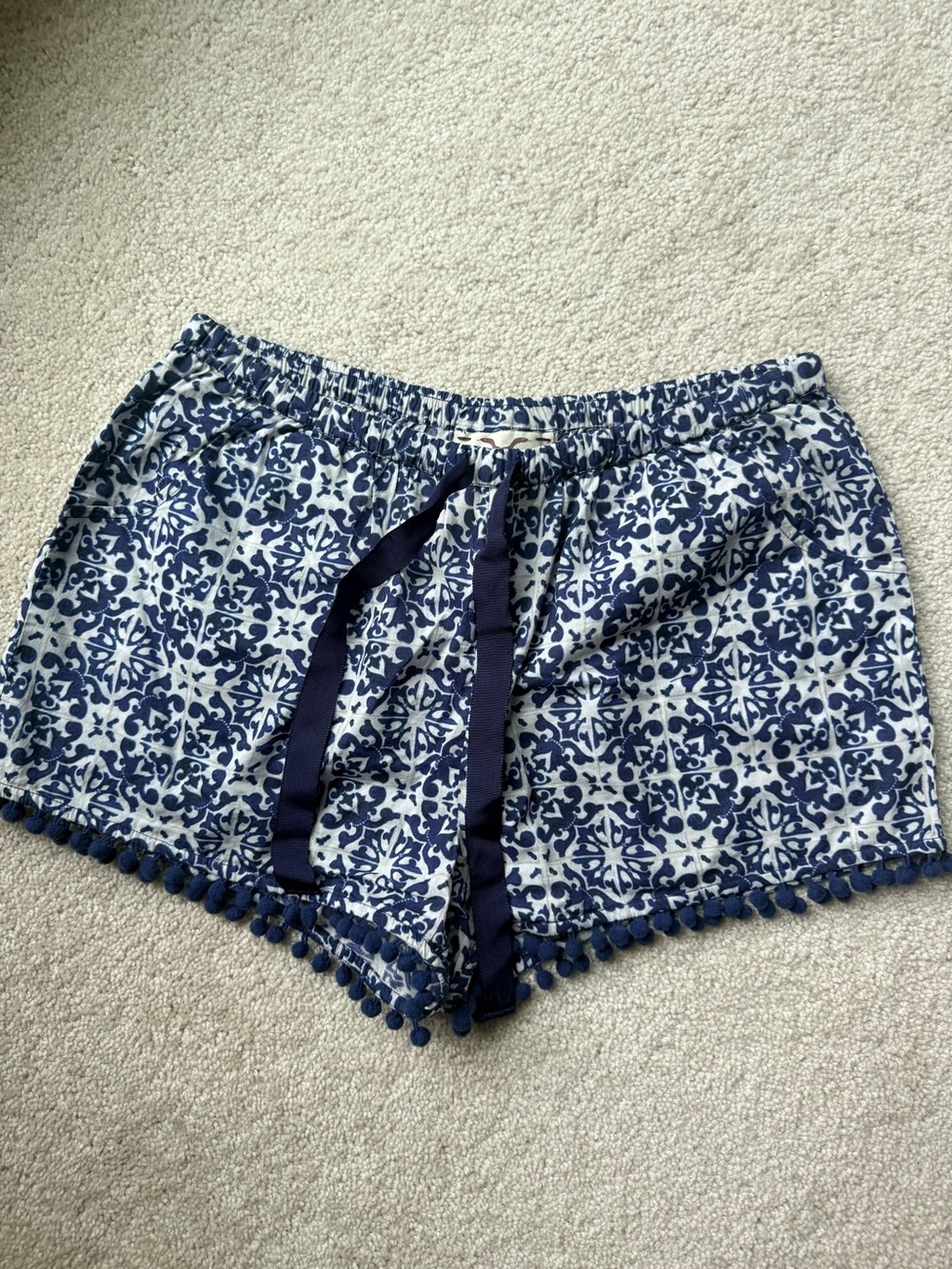 Figue Navy Tile-Print Pom-Pom Drawstring Lounge Shorts